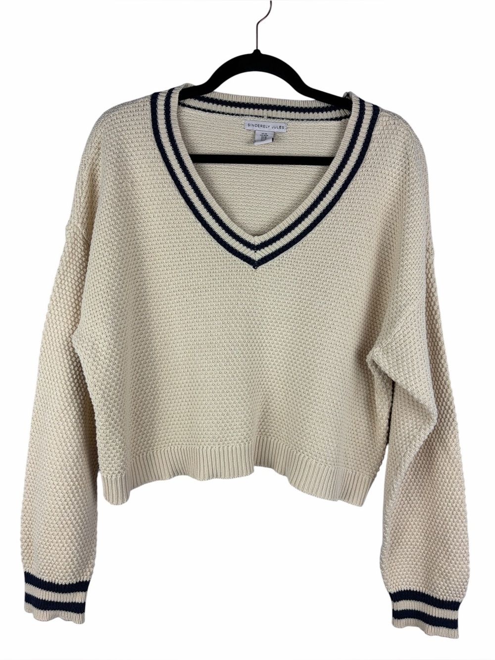 Sincerely Jules Cotton Varsity V-Neck Cropped Sweater Cream Navy Medium